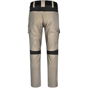 Work pants in tan and black with multiple pockets and a logo, featuring a modern fit design.