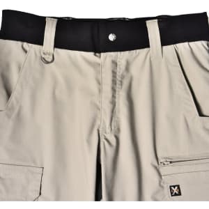 Rip-stop poly/cotton stretch work pants in beige with a black waistband and multiple pockets, featuring a logo.