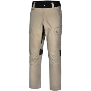 Rip-stop poly/cotton stretch work pants in beige with black panels and multiple pockets. Features a logo on the side.