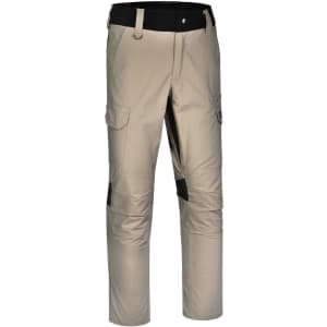 A pair of beige work pants featuring pockets and black accents, with a branding logo. Designed for durability and comfort.