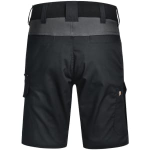 Work shorts in black with a grey waistband, featuring pockets and a logo on the side.