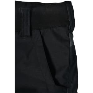 Rip-stop poly/cotton stretch work shorts in black with elastic waistband and side pockets, featuring a logo.