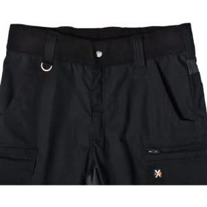 Black Rip-Stop Poly/Cotton Stretch Work Shorts featuring a waistband and multiple pockets. Includes a logo detail.