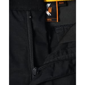 Close-up of black Rip-Stop Poly/Cotton Stretch Work Shorts, featuring zippers and an inner lining detail.