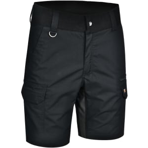 Rip-stop poly/cotton stretch work shorts in black, featuring cargo pockets and an elastic waistband with a logo.