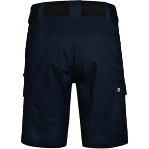 Navy blue stretch work shorts featuring cargo pockets and an elastic waistband, with a small logo on the side.
