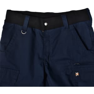 Navy blue Rip-Stop poly/cotton stretch work shorts with a black waistband and multiple pockets. Features branding.