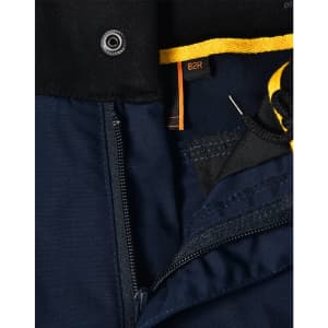 Close-up of navy blue Rip-Stop Poly/Cotton Stretch Work Shorts featuring a zipper and detailed stitching.