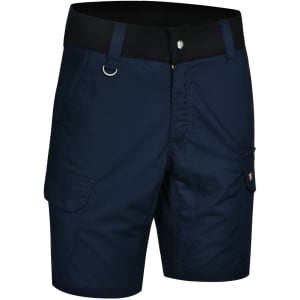 Rip-stop poly/cotton stretch work shorts in navy blue, featuring side pockets and an elastic waistband.