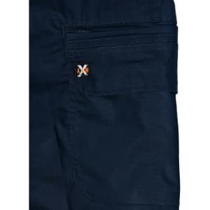 Navy blue work shorts featuring a pocket and a logo patch. Made from rip-stop poly/cotton stretch material.
