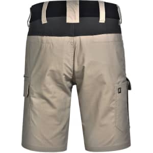 Beige work shorts with a stretchy black waistband and side pockets, featuring a logo on the side.