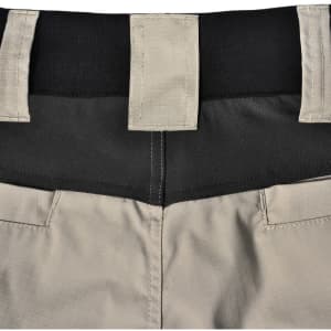 Rip-stop poly/cotton stretch work shorts in a light beige colour, featuring a black waistband and two back pockets.
