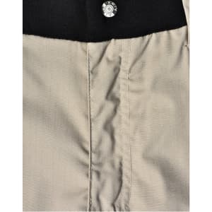 Rip-stop poly/cotton stretch work shorts in beige, featuring a black waistband and a button closure.