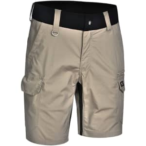 Work shorts in light beige, featuring a black waistband and side pockets, with a logo on the leg.