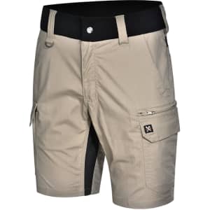 Rip-stop poly/cotton stretch work shorts in beige with black detailing and multiple pockets. Features a belt loop and logo.