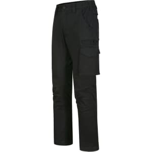 Unisex black cotton stretch ripstop work pants with multiple pockets and a tailored fit. Features branding on the garment.