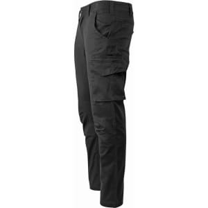 Unisex cotton stretch ripstop work pants in black, featuring multiple pockets and a slim fit design.