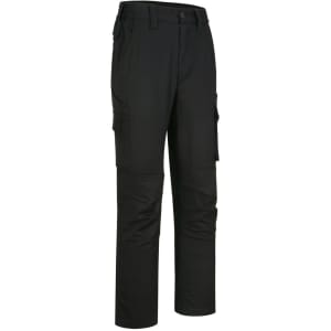 Unisex black cotton stretch ripstop work pants with multiple pockets and a regular fit. Features a waistband with belt loops.