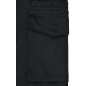 Black unisex cotton stretch ripstop work pants featuring multiple pockets and a logo.