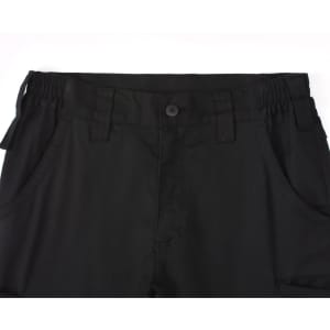 A pair of black unisex cotton stretch ripstop work pants with a button and adjustable waistband.