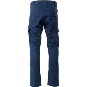 Navy unisex cotton stretch ripstop work pants with multiple pockets and a logo on the back.