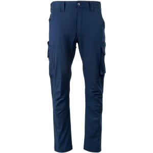 Unisex cotton stretch ripstop work pants in navy blue with side pockets and a fitted design. Features a logo.