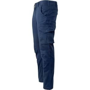 Unisex cotton stretch ripstop work pants in navy blue with multiple pockets and a fitted design.