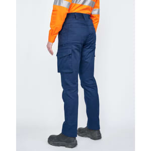 Unisex cotton stretch ripstop work pants in navy with multiple cargo pockets, paired with a bright orange reflective shirt.