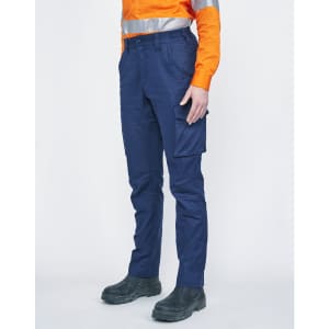 Unisex navy cotton stretch ripstop work pants with a side pocket, worn with a high-visibility orange shirt.