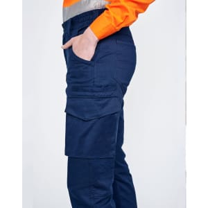 Navy unisex cotton stretch ripstop work pants featuring side pockets and a comfortable fit.