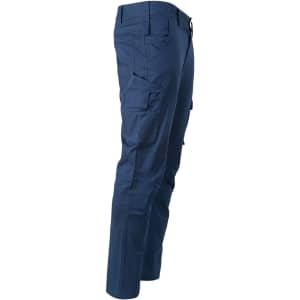 Unisex cotton stretch ripstop work pants in navy blue, featuring multiple pockets and a fitted design.