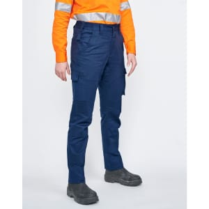 Unisex cotton stretch ripstop work pants in navy blue, featuring multiple pockets and a logo. Worn with an orange high-visibility shirt.