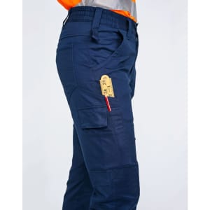Unisex cotton stretch ripstop work pants in navy, featuring a pocket with a tape measure partially visible.
