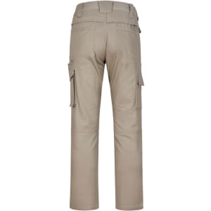 A pair of khaki unisex cotton stretch ripstop work pants, featuring cargo pockets and a relaxed fit.