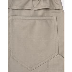 A close-up of khaki unisex cotton stretch ripstop work pants with a back pocket design and a logo.