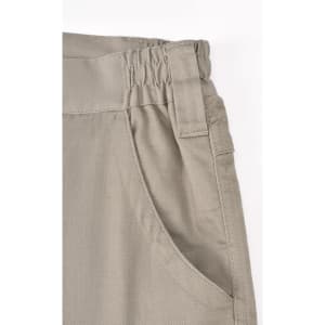 Unisex cotton stretch ripstop work pants in light khaki with an elastic waistband and side pocket detail.