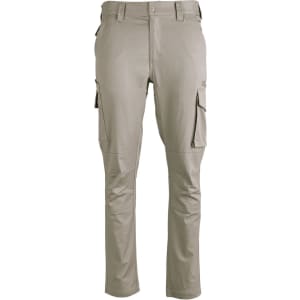 Unisex cotton stretch ripstop work pants in beige with cargo pockets and a logo.