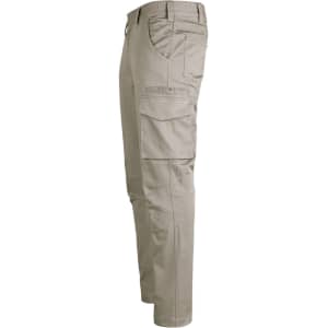 Unisex cotton stretch ripstop work pants in a tan colour, featuring multiple pockets and a branding logo.