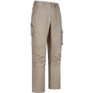 Unisex cotton stretch ripstop work pants in khaki with multiple pockets and a logo.