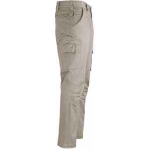 Unisex cotton stretch ripstop work pants in a light tan colour, featuring multiple pockets and a logo.