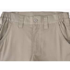 Unisex cotton stretch ripstop work pants in khaki, featuring an elastic waistband and front button detail.