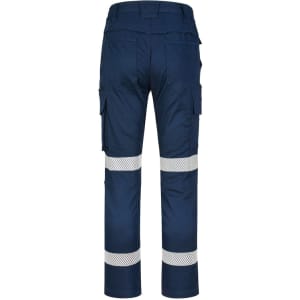Unisex navy cotton stretch ripstop segmented work pants with reflective striping and multiple pockets.