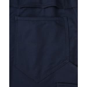 A close-up of navy pants featuring a segmented design and a rear pocket. The fabric has a ripstop texture.