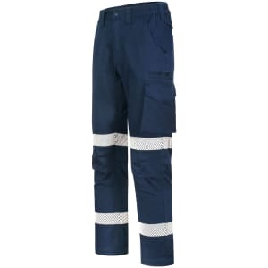 Unisex navy cotton stretch ripstop segmented work pants with reflective stripes and multiple pockets.