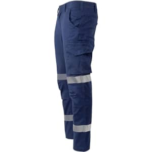 Unisex cotton stretch ripstop segmented work pants in navy blue featuring reflective stripes and multiple pockets.