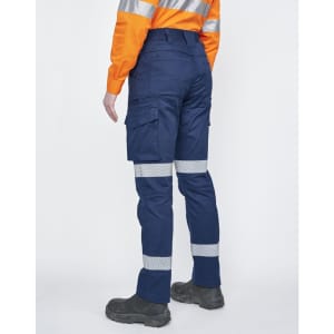 Unisex navy cotton stretch ripstop segmented work pants with reflective stripes and cargo pockets.
