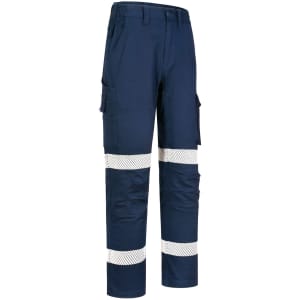 Unisex navy cotton stretch ripstop work pants with segmented reflective strips and multiple pockets.