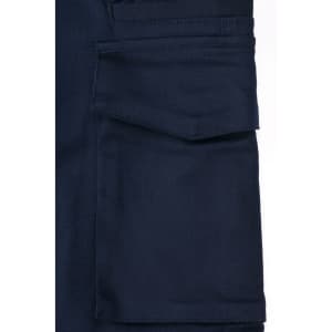 Navy unisex cotton stretch ripstop segmented work pants featuring multiple cargo pockets and a logo.
