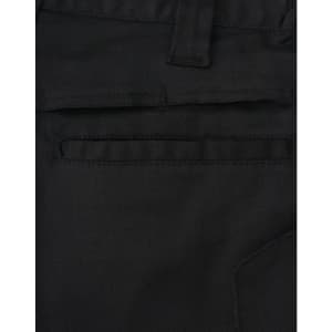 Close-up of black unisex cotton stretch ripstop work shorts, featuring a back pocket and visible stitching details.