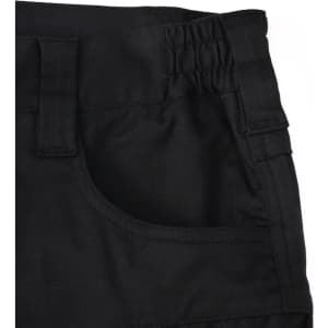 A close-up of black unisex cotton stretch ripstop work shorts, featuring an elastic waistband and pocket detail.